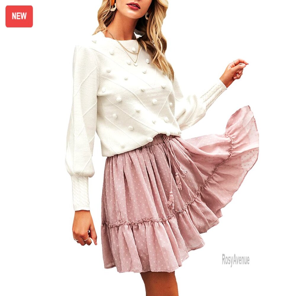 Women's Chunky Knit Pullover Sweater With Puff Sleeves And Pompoms